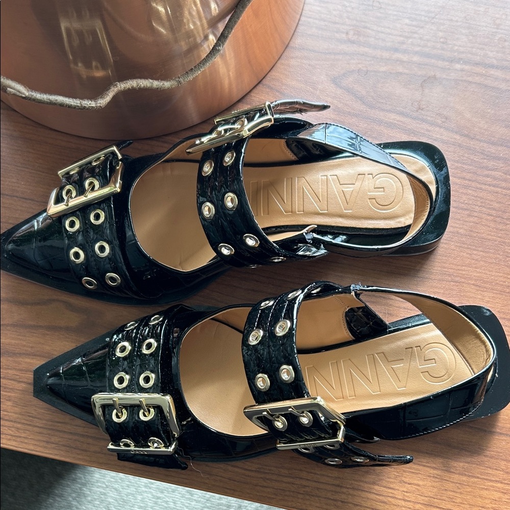 Ganni Black Patent Pointed Buckle Slingback Flats